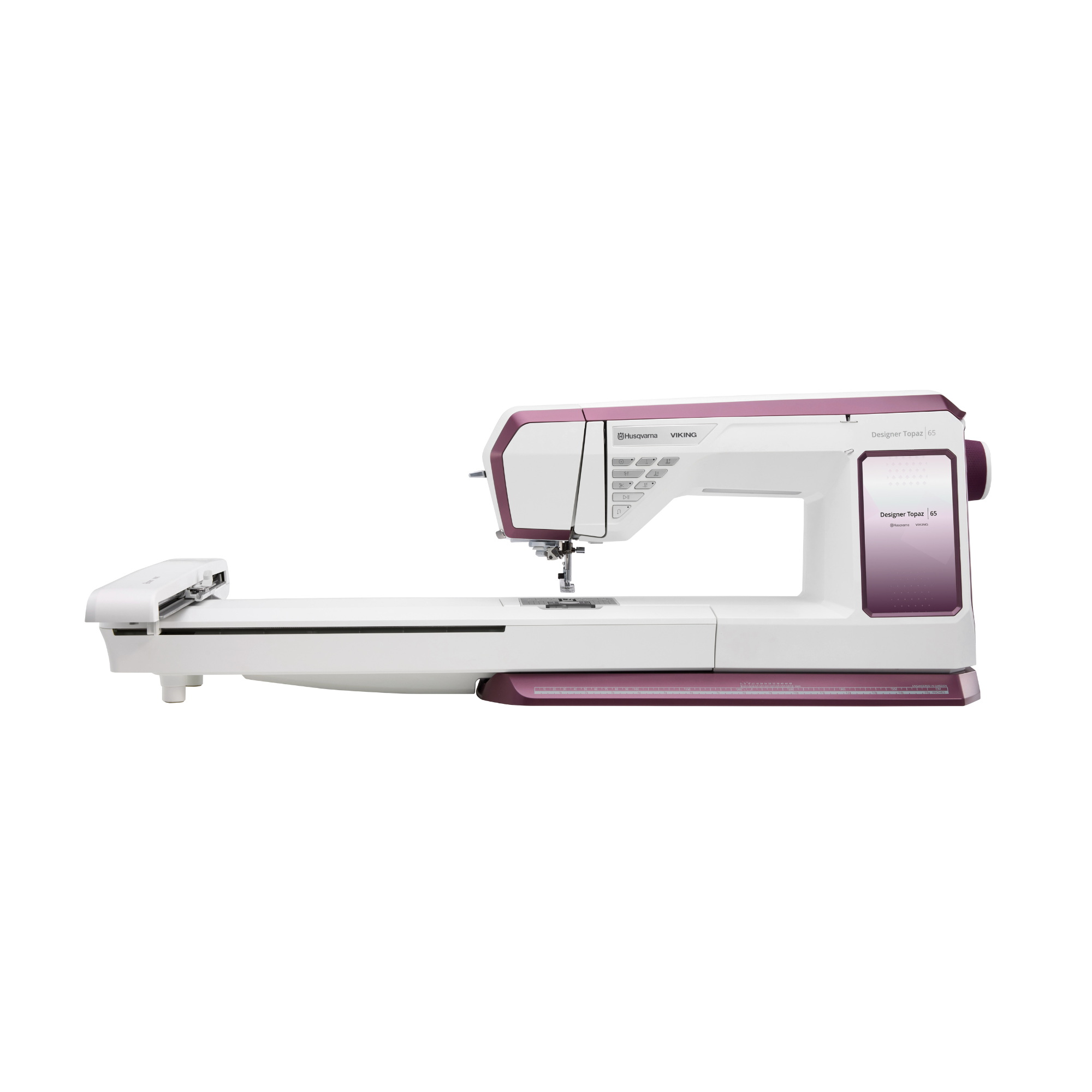 White and purple sewing machine on a white background