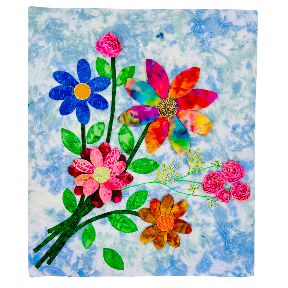 Colorful floral arrangement on a textured blue and white background