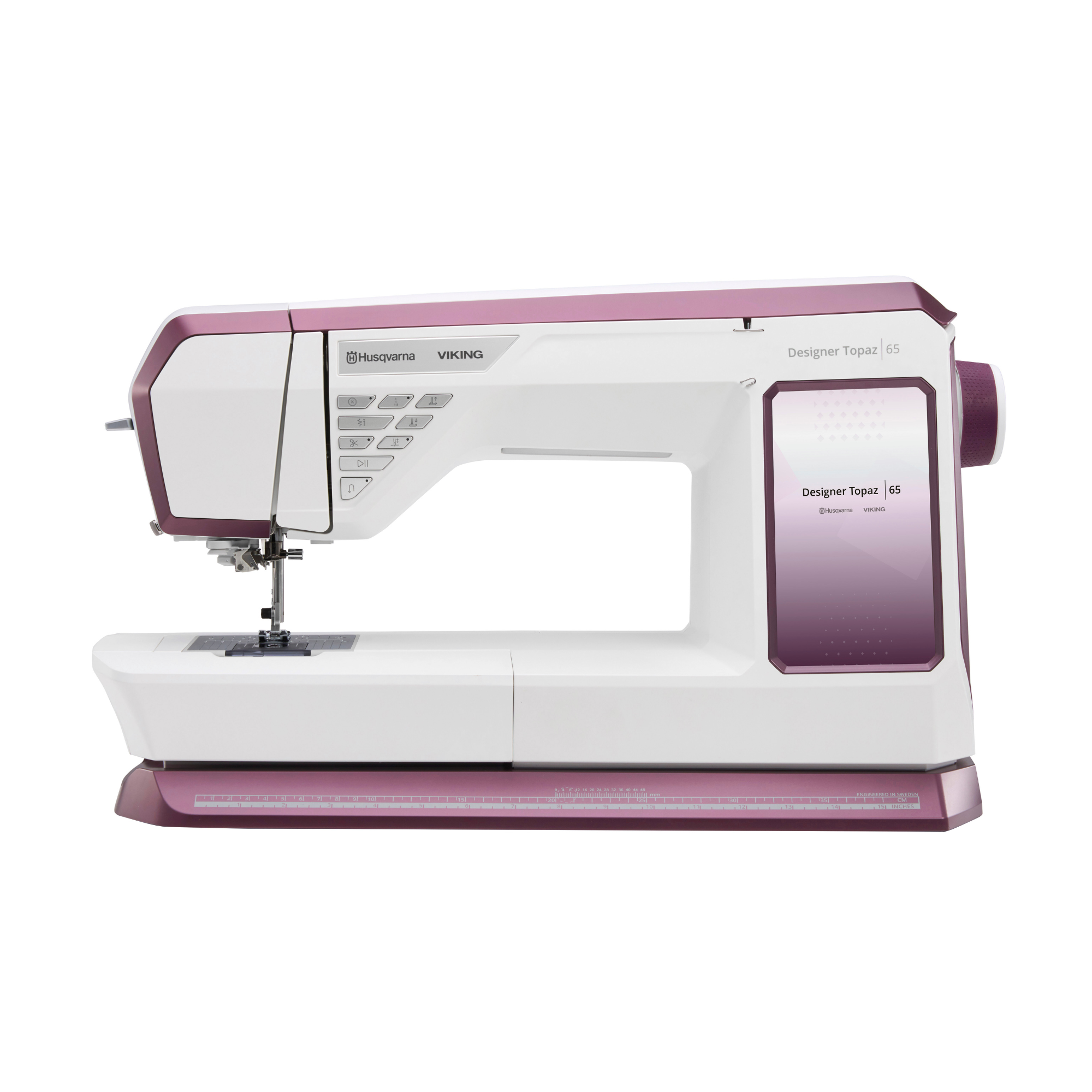 Sewing machine with a white and purple design on a white background