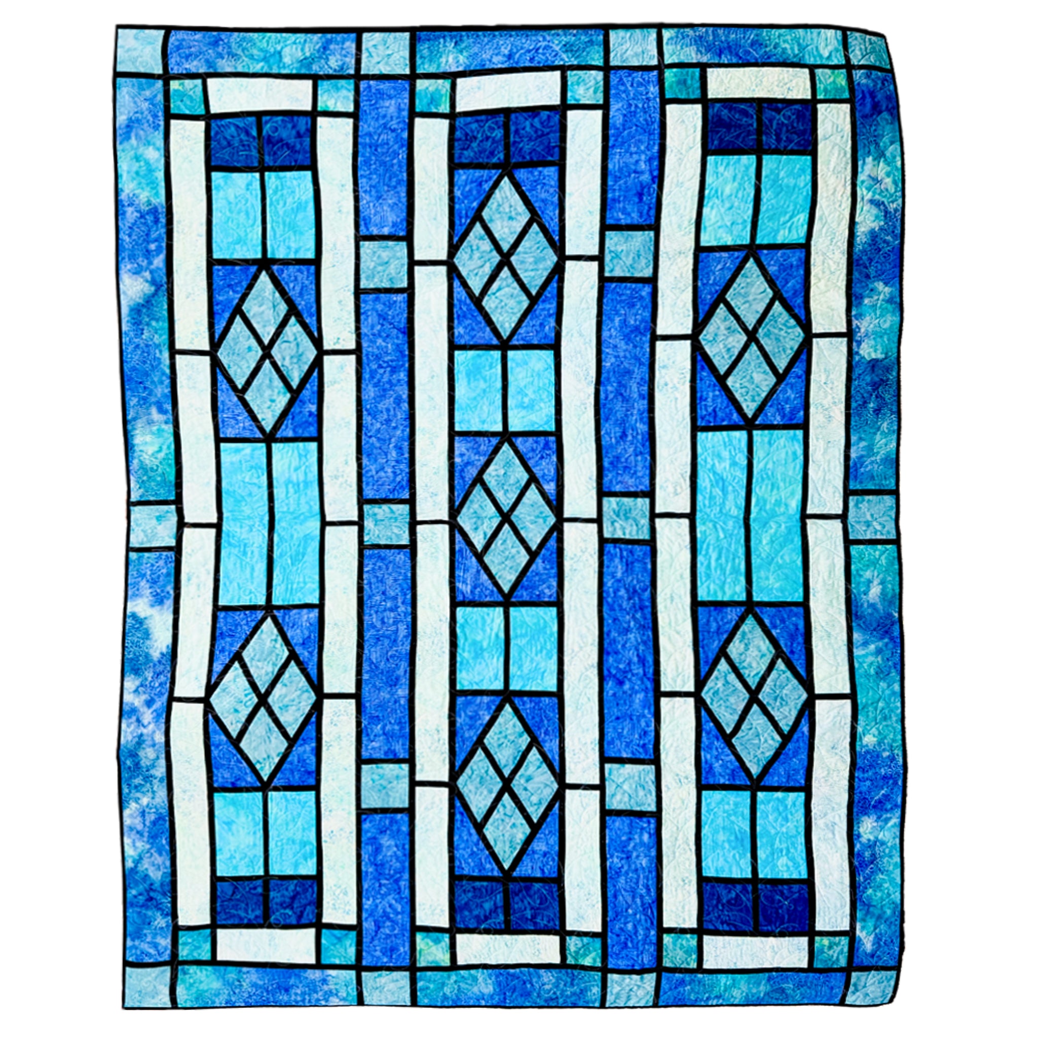 A square textile or rug featuring a stained-glass-inspired geometric pattern in shades of blue, light blue, white, and black outlines, shown flat against a plain white background.