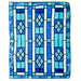 A square textile or rug featuring a stained-glass-inspired geometric pattern in shades of blue, light blue, white, and black outlines, shown flat against a plain white background.