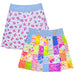 Two girls' skirts shown on a plain white background. The back skirt has a white background with a pink floral print and a light blue waistband.