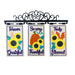 Three vertical decorative garden flags hanging from a black metal scrollwork bracket. The flags feature autumn-themed designs: the left says 'Forever Grateful' with yellow sunflowers, the center says 'So very Thankful' with a pumpkin and sunflowers, and the right says 'Truly Blessed' with sunflowers and autumn leaves.