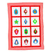 A square quilt or blanket with a red and white chevron border and a 3x4 grid of white panels, each featuring a colorful Christmas ornament illustration in red, green, blue, and gold.