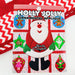 A festive Christmas ornament applique card featuring a central Santa face patch with the text 'HOLLY JOLLY ORNAMENTAL APPLIQUE' and the name 'Recky Campbell' on the chest. The card shows multiple colorful applique designs including gingerbread men, a star ornament, a tree, a girl, and an elf, set against a red and white patterned background with additional red-and-white striped fabric visible in the corners.
