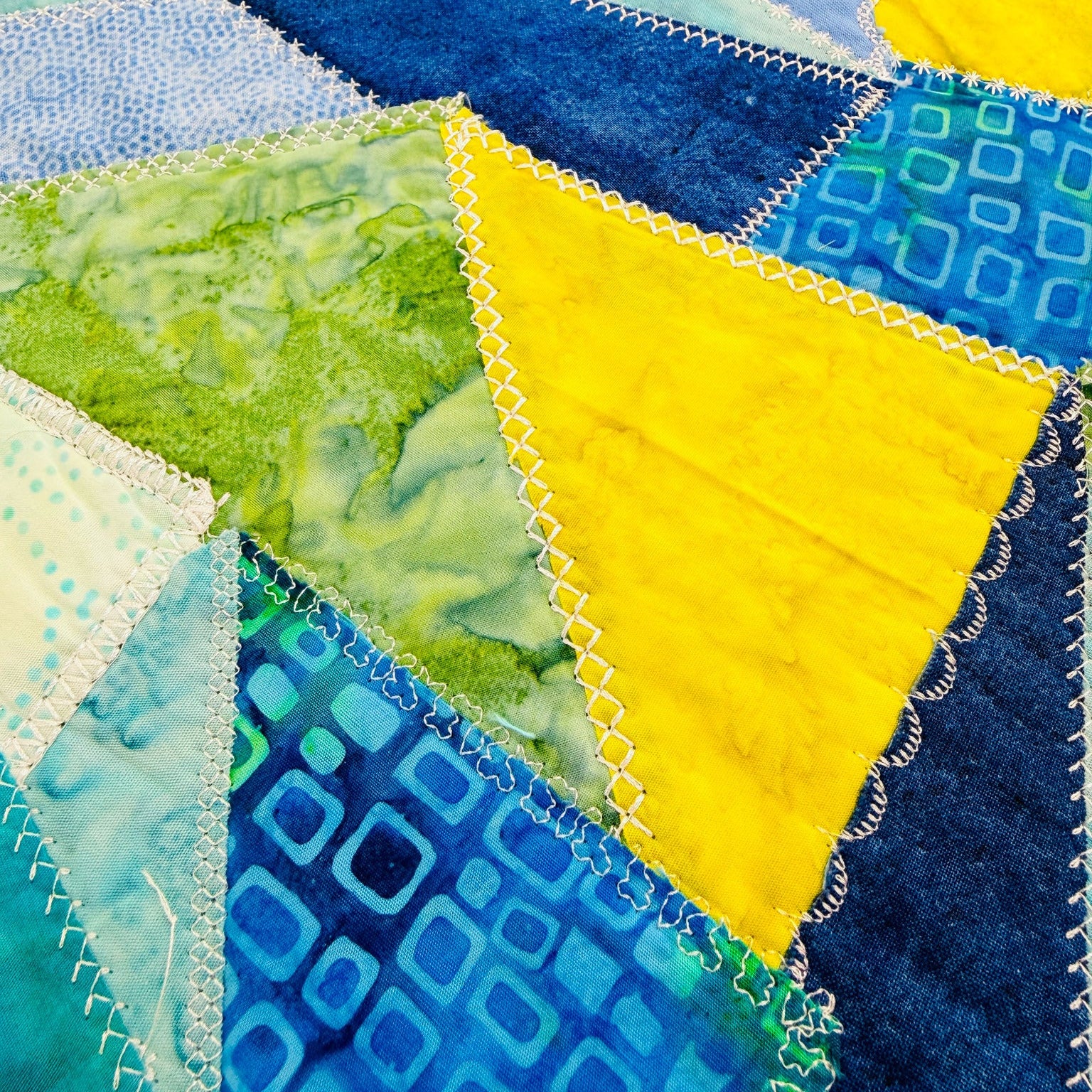 A close-up of a colorful patchwork quilt with triangular fabric panels in shades of blue, green, yellow, and aqua, stitched together with white zigzag and scalloped edges.