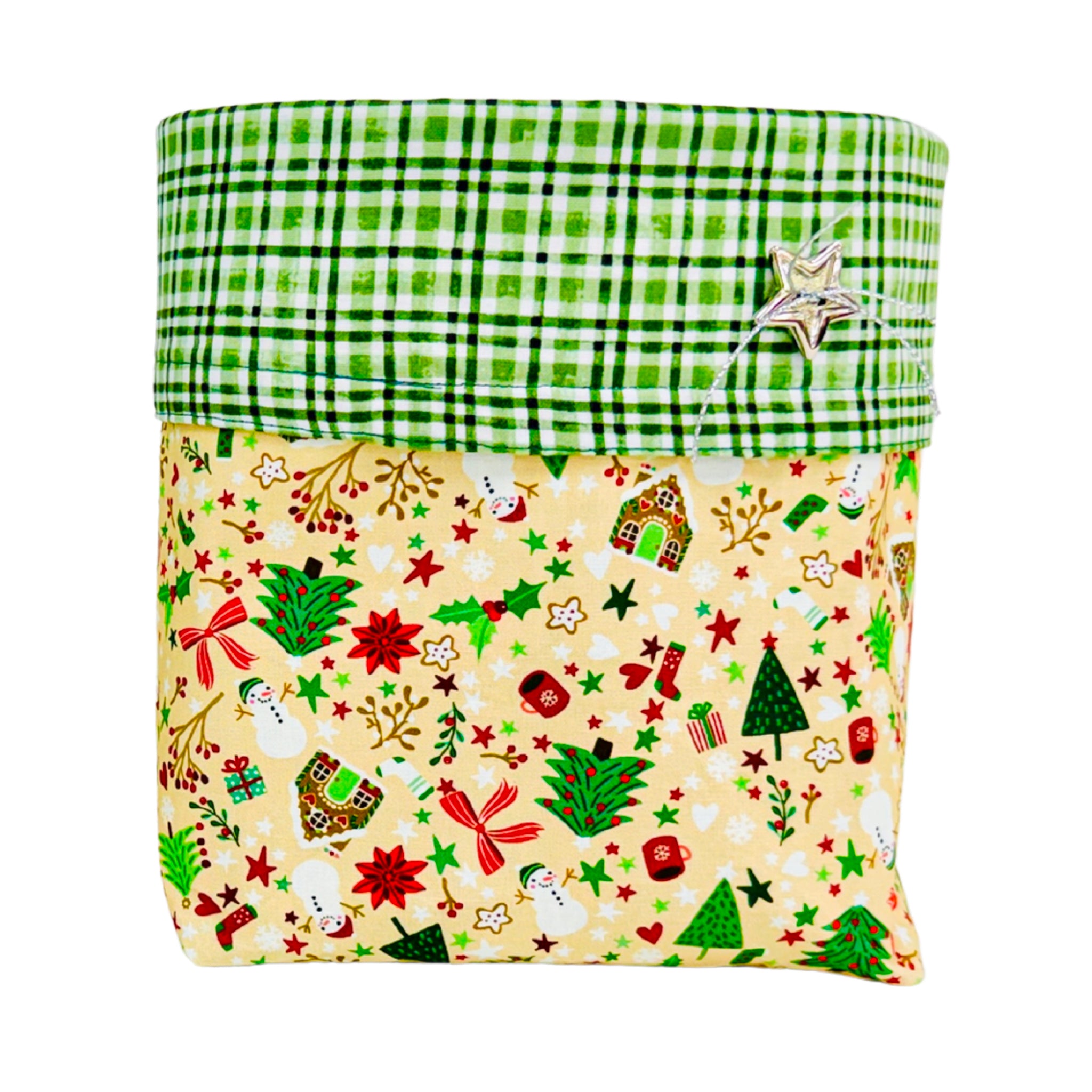 A square fabric gift bag or pouch with a green plaid top band and a festive Christmas print bottom panel on a white background.