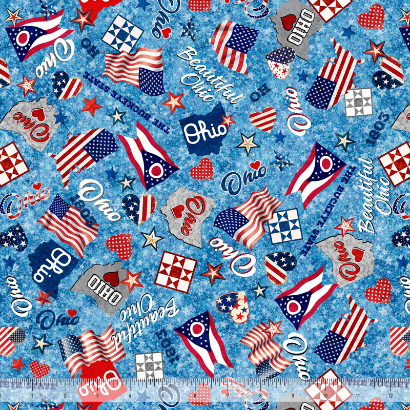 2025 All Ohio Shop Hop Fabric - Flags Blue