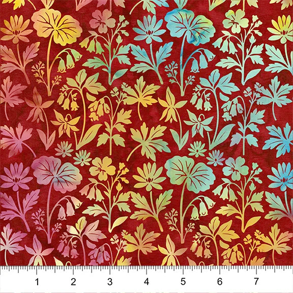Colorful floral pattern on a red background with a ruler at the bottom.