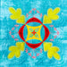 Colorful embroidered design on a textured blue background