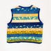A sleeveless vest with horizontal striped patterns in navy blue, teal, yellow, and orange, featuring small bird motifs and textured stripes, laid flat against a white background.