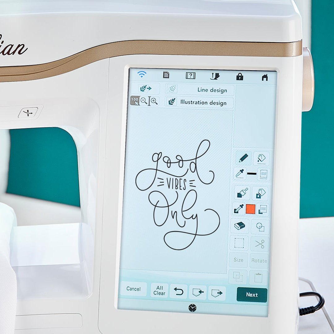 Embroidery machine with digital display showing 'Good Vibes Only' text design.