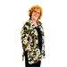 Woman wearing a floral patterned jacket on a white background