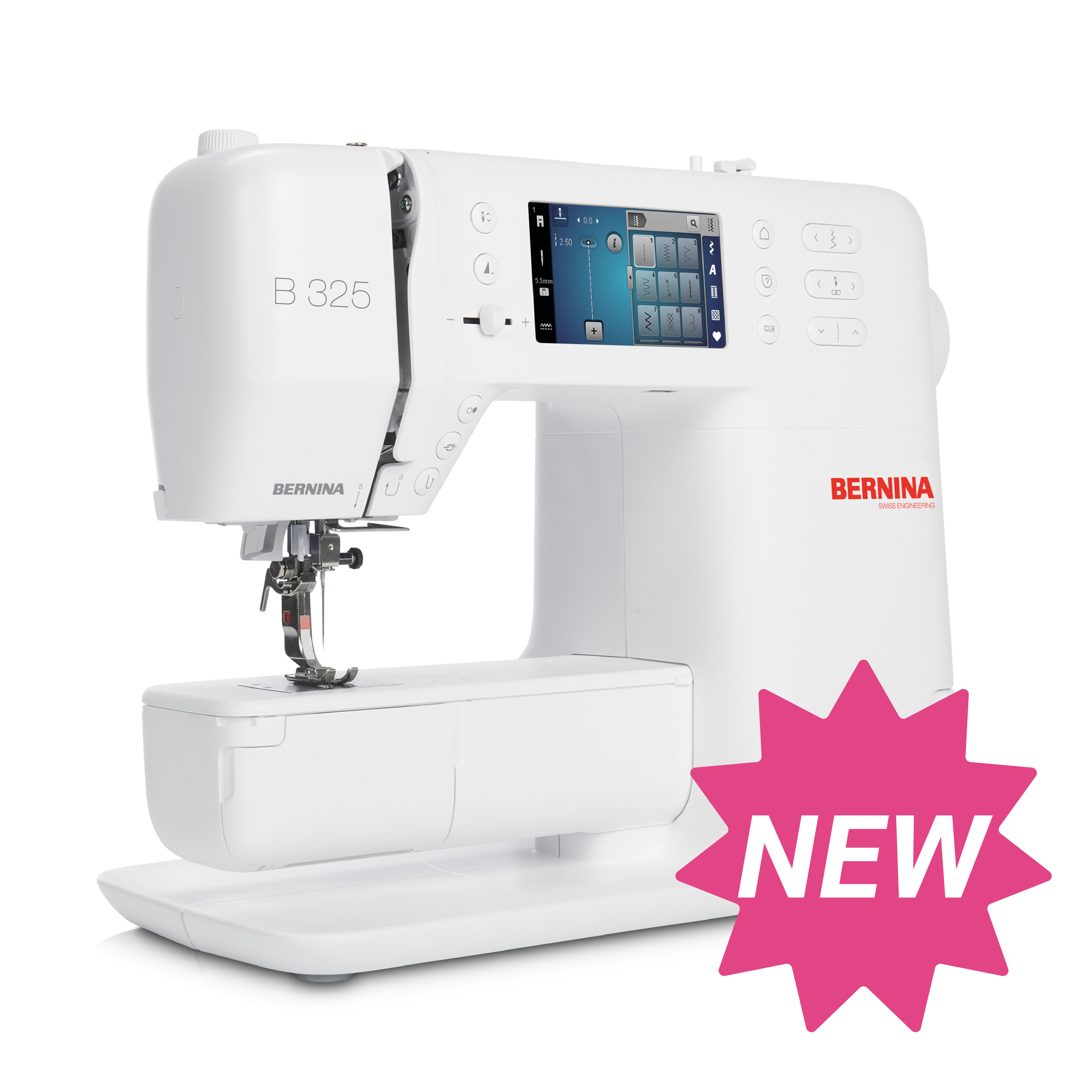 White Bernina sewing machine with a pink 'NEW' label on a white background
