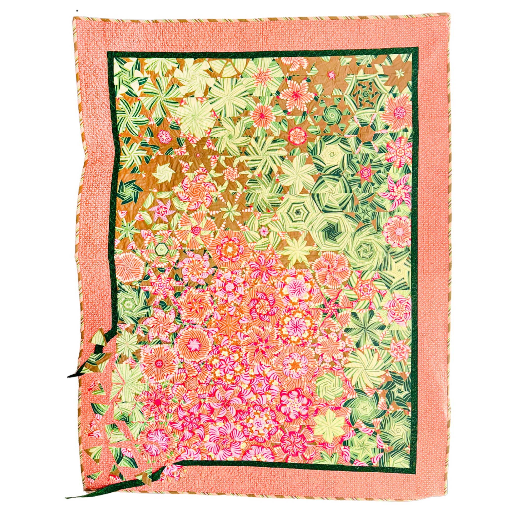 A square scarf with a dense floral and geometric pattern, featuring a coral pink border and a multicolor center with pink, green, and orange motifs.