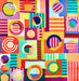 A vibrant, multicolored geometric patchwork quilt featuring circular, striped, and solid patterned blocks in bright shades of pink, yellow, blue, green, orange, and purple.