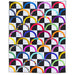 A square quilted textile featuring a black and white checkerboard pattern with repeating colorful semicircle arcs in many bright hues, photographed flat against a white background.