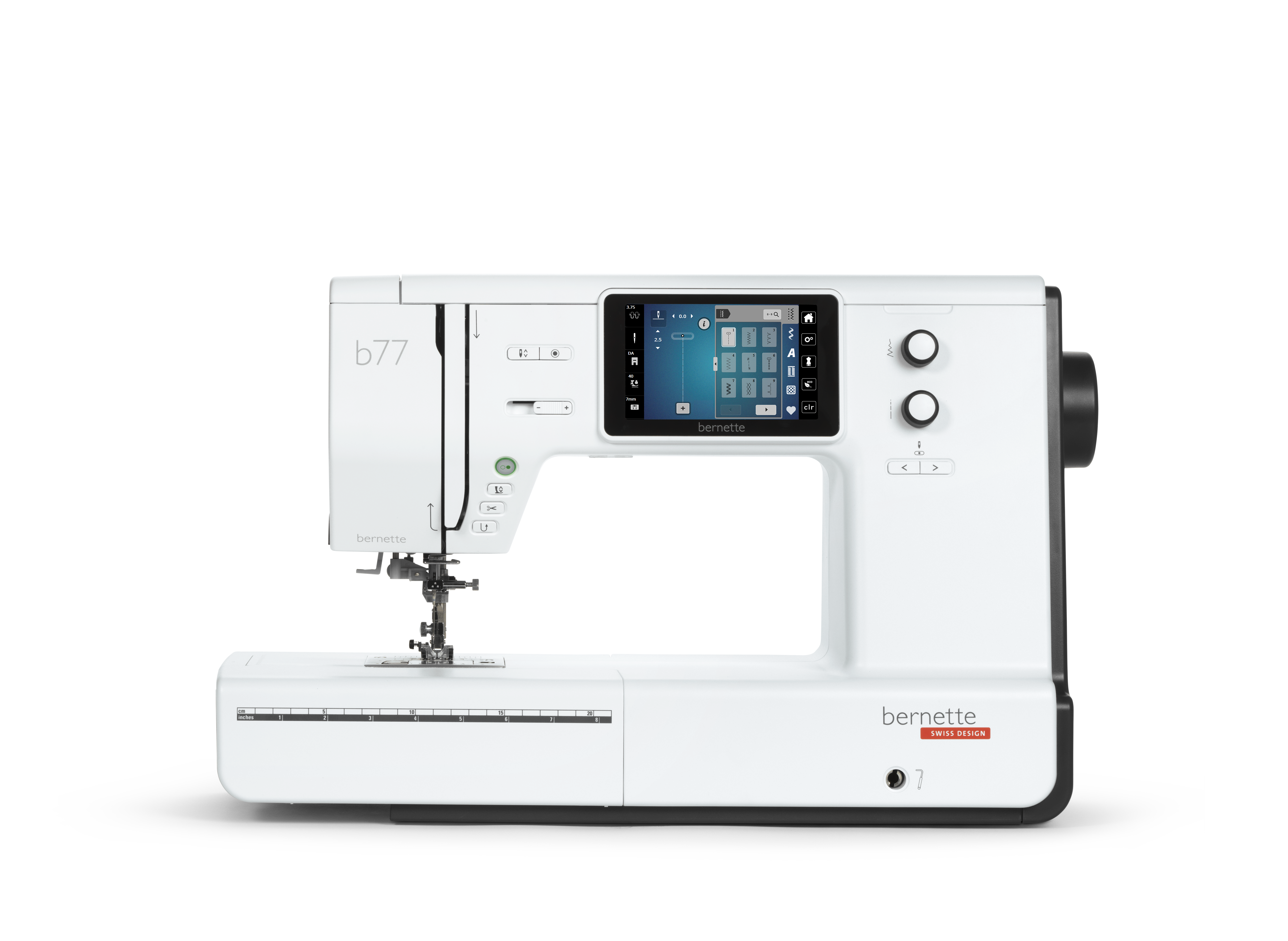 White bernette sewing machine with digital display on a white background