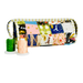 Patchwork-patterned fabric roll with spools of thread on a white background