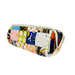 Folded quilt with colorful patchwork pattern on a white background
