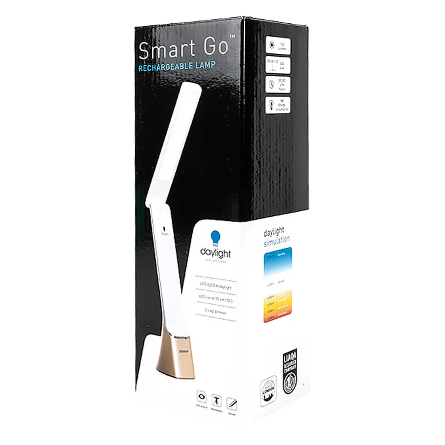 Box packaging of a Smart Go rechargeable lamp with branding and product details.